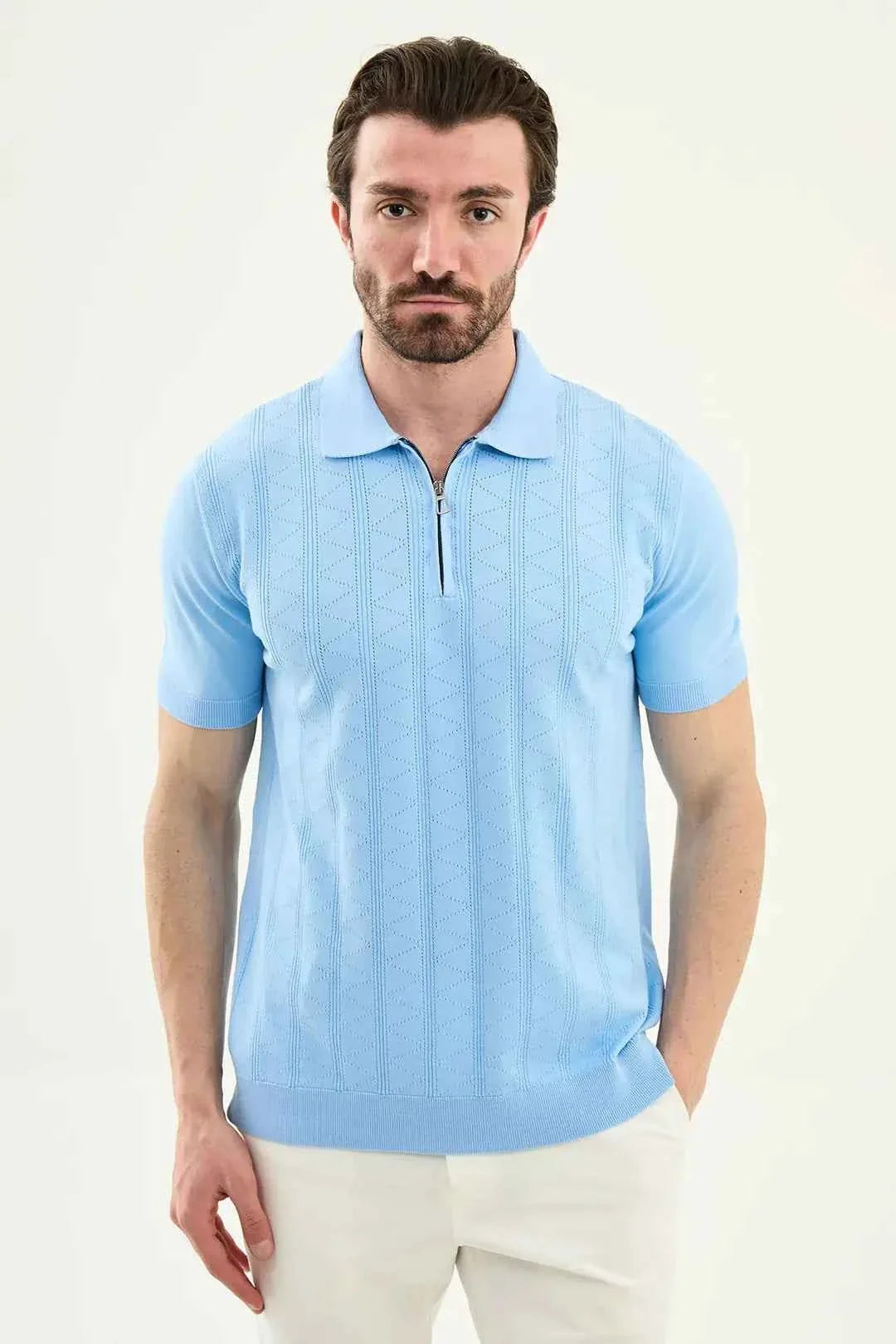 Polo Abilene de Punto Texturizado Medio Cremallera Azul Claro
