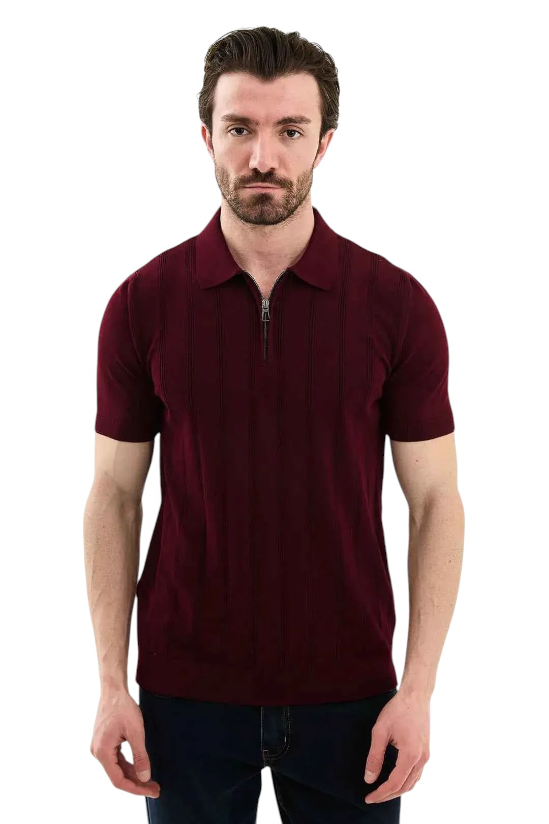 Polo Abilene de Zevrion con media cremallera en punto texturizado burdeos