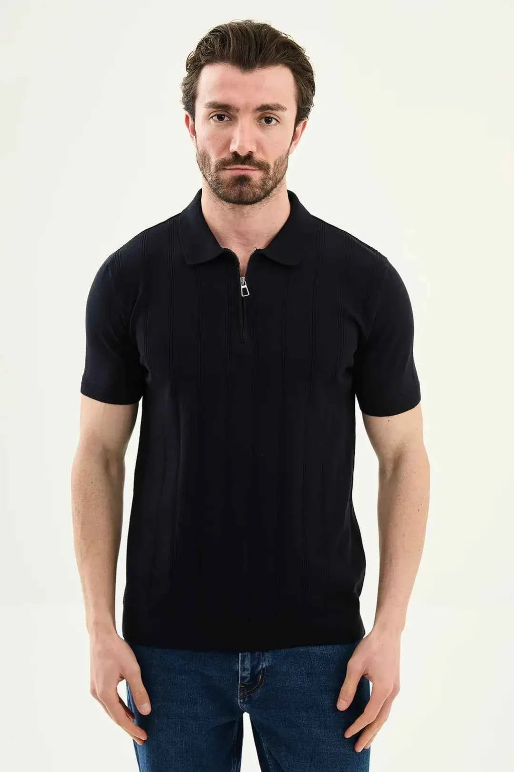 Polo Abilene de Punto Texturizado Medio Cremallera Azul Oscuro
