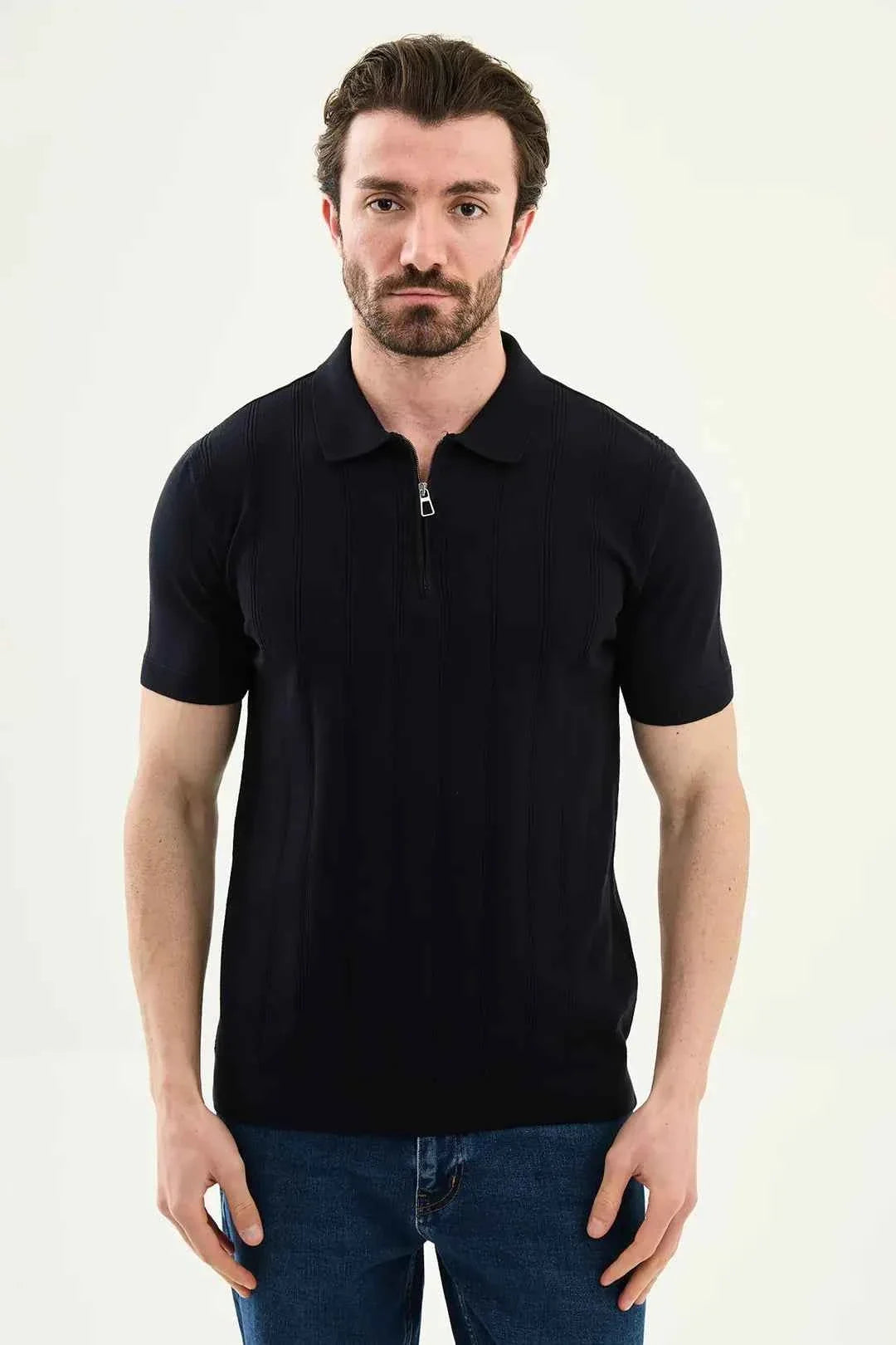 Polo Abilene de Punto Texturizado Medio Cremallera Azul Oscuro