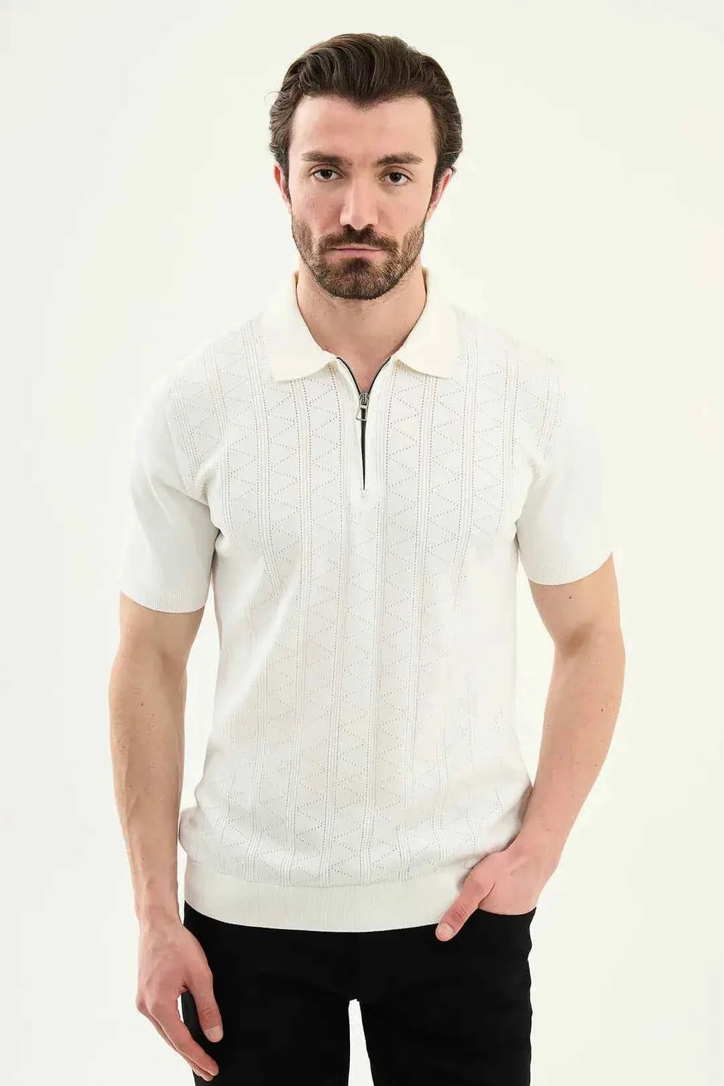 Polo Abilene de Punto Texturizado Medio Cremallera Blanco Roto