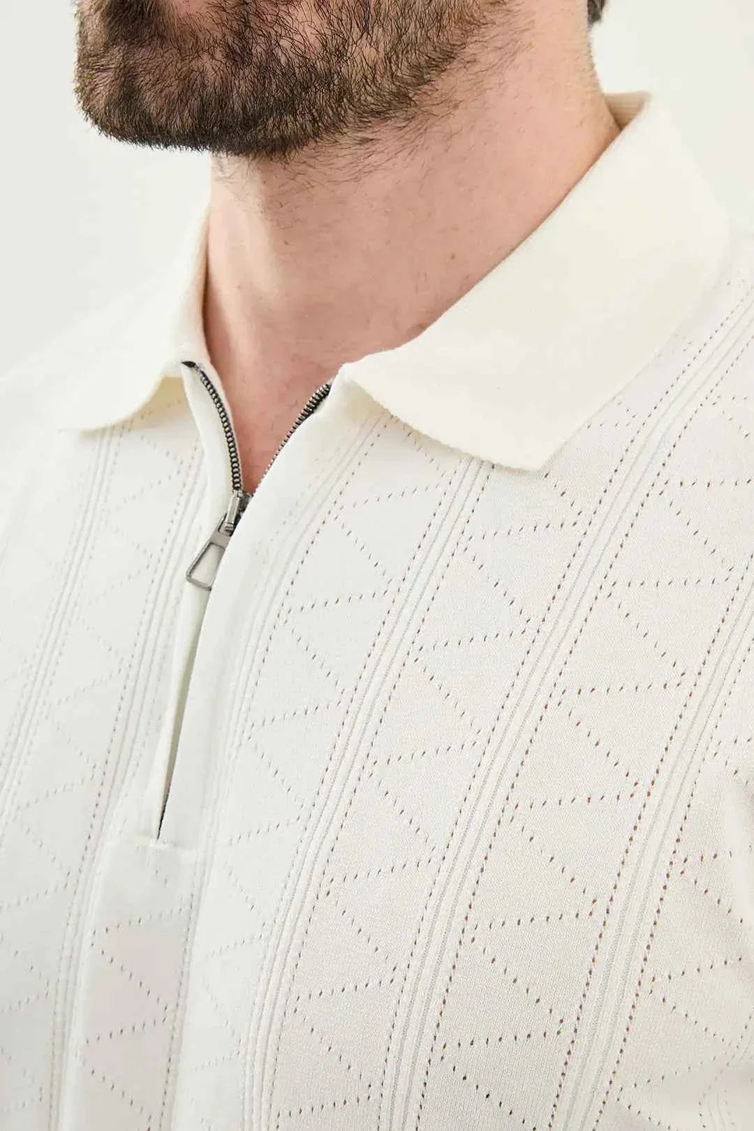 Polo Abilene de Punto Texturizado Medio Cremallera Blanco Roto