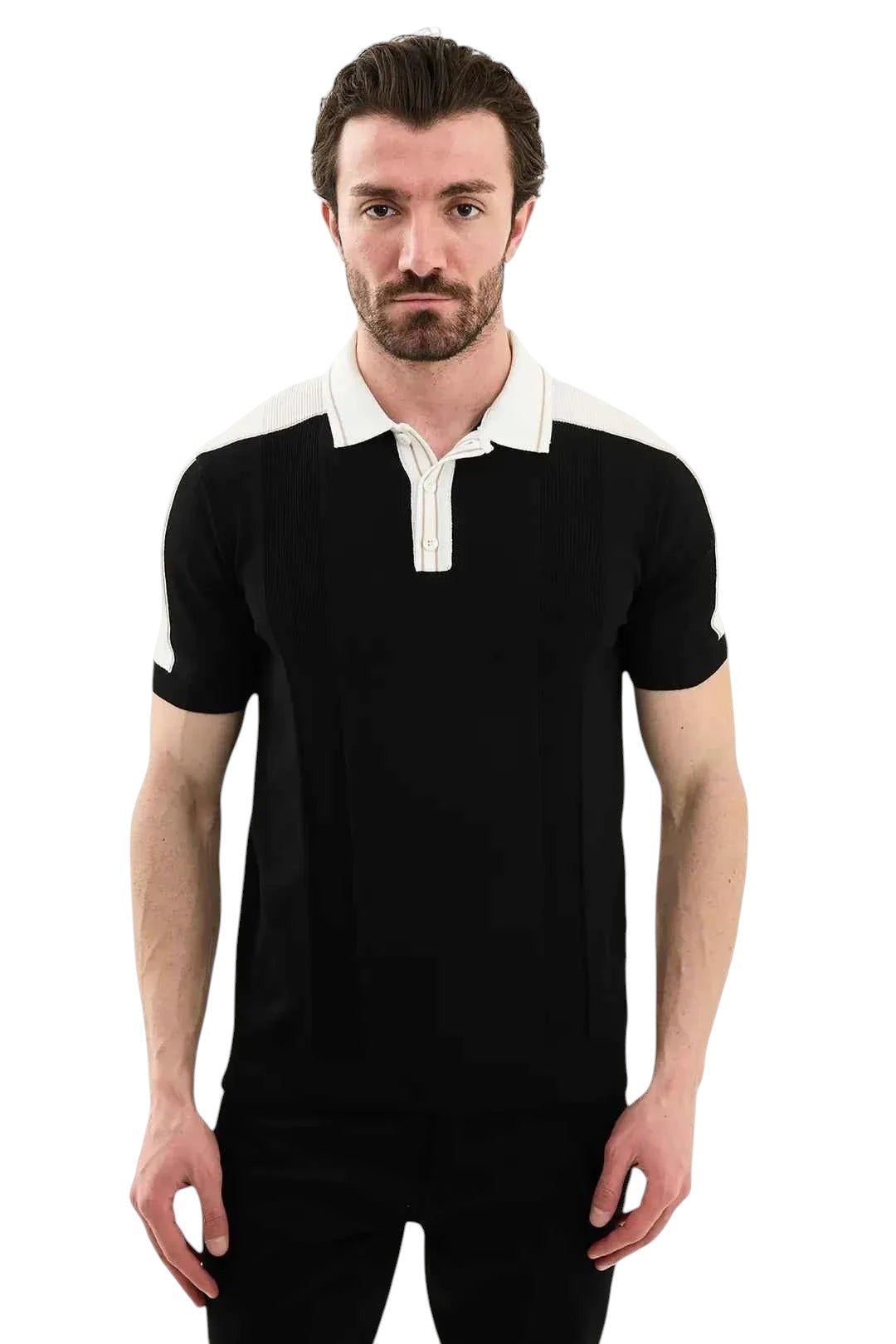 Polo Laredo de Zevrion en punto a rayas negro, manga corta, para hombre
