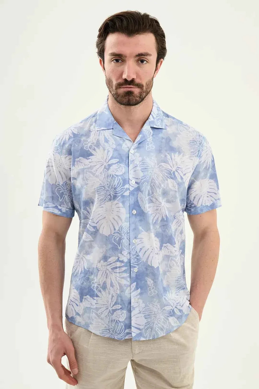 Laredo Blue Tropical Floral Print Short Sleeve Shirt
