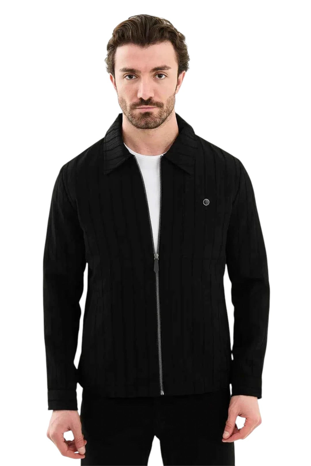 Chaqueta overshirt Zevrion de rayas negra con cremallera