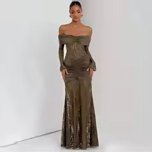 Vestido Maxi Elegante de Encaje con Hombros Descubiertos y Corte Ajustado