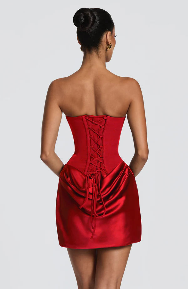 Vestido Mini Satinado con Corset y Espalda de Encaje Elegante