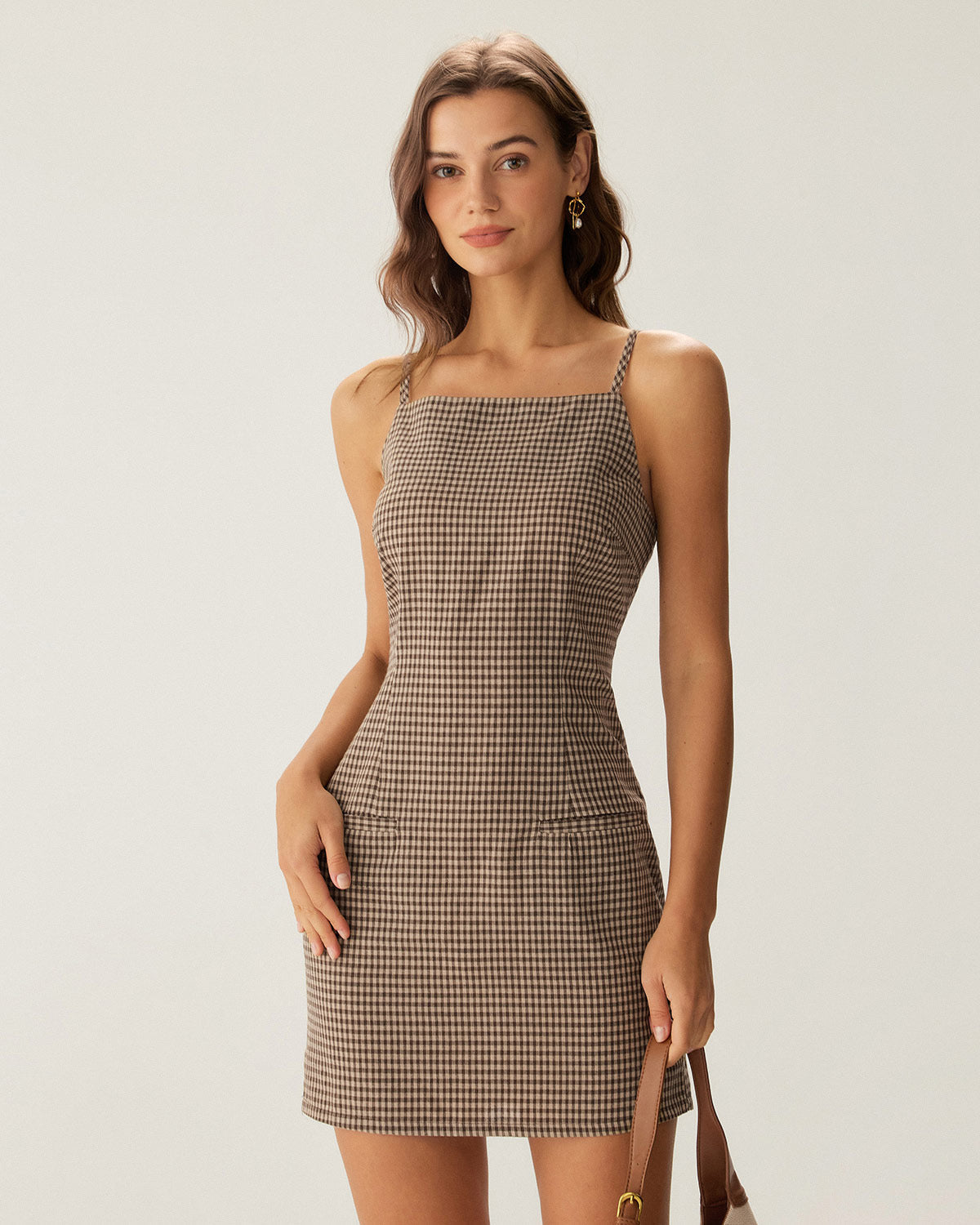 Brown Gingham Slip Mini Dress