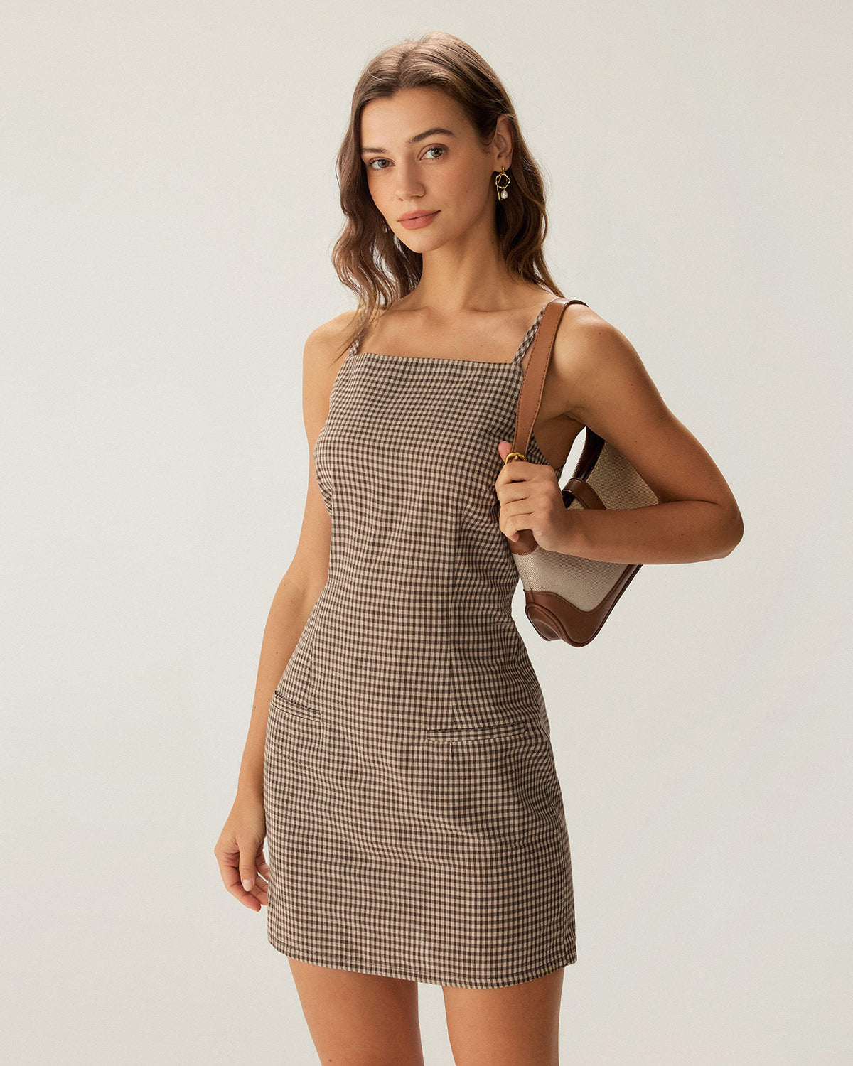 Brown Gingham Slip Mini Dress