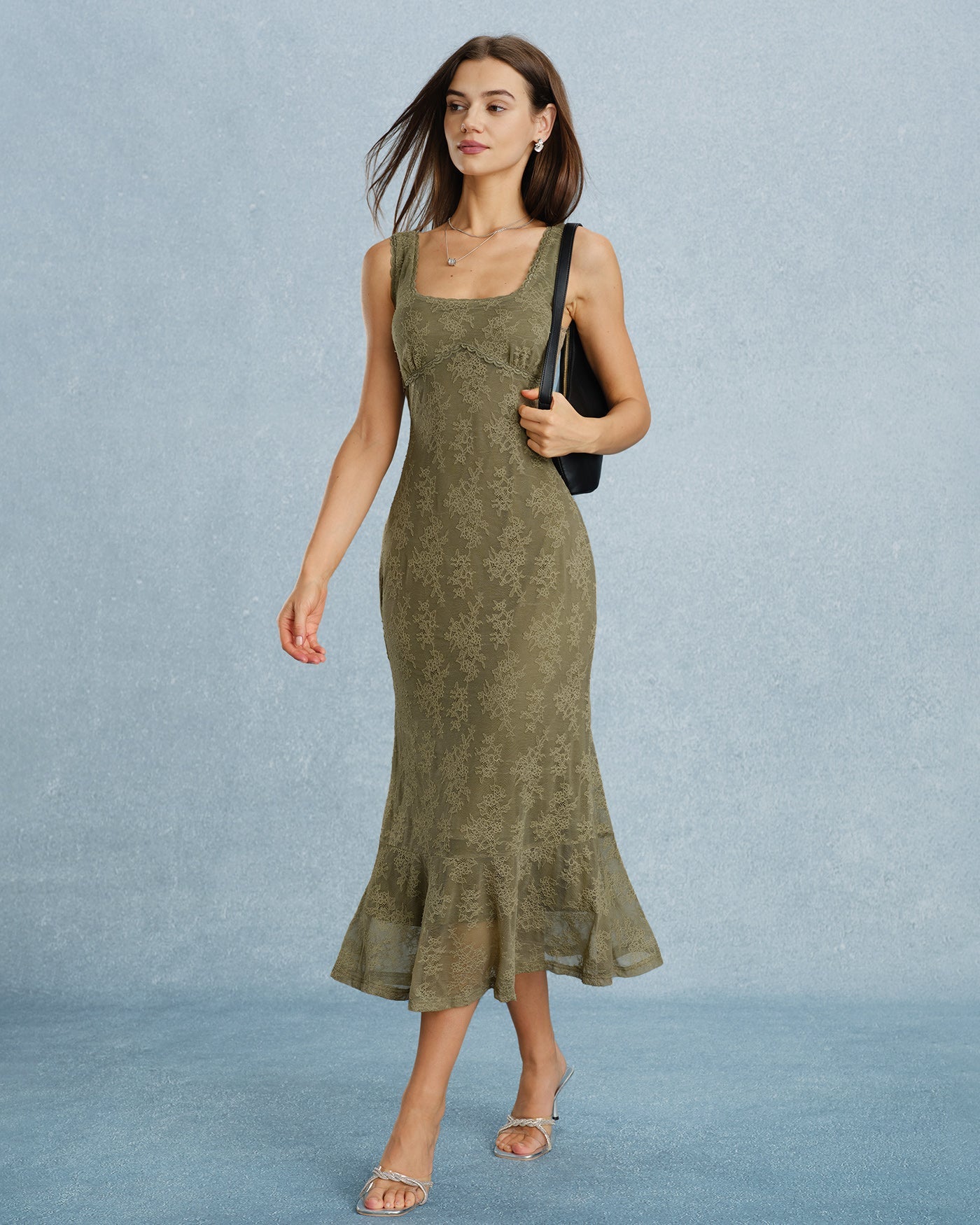 Green Square Neck Lace Floral Midi Dress