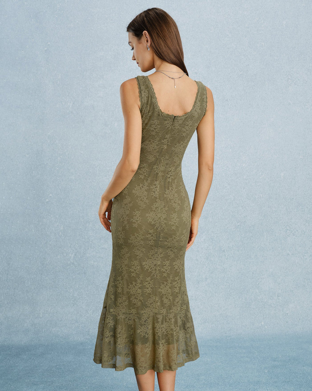 Green Square Neck Lace Floral Midi Dress