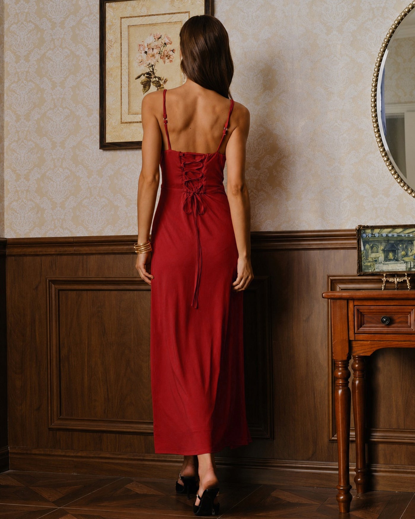 Red Cowl Neck Tie A-Line Maxi Dress