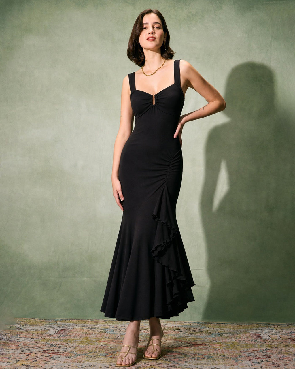 Black Sweetheart Neck Slit Ruffle Maxi Dress