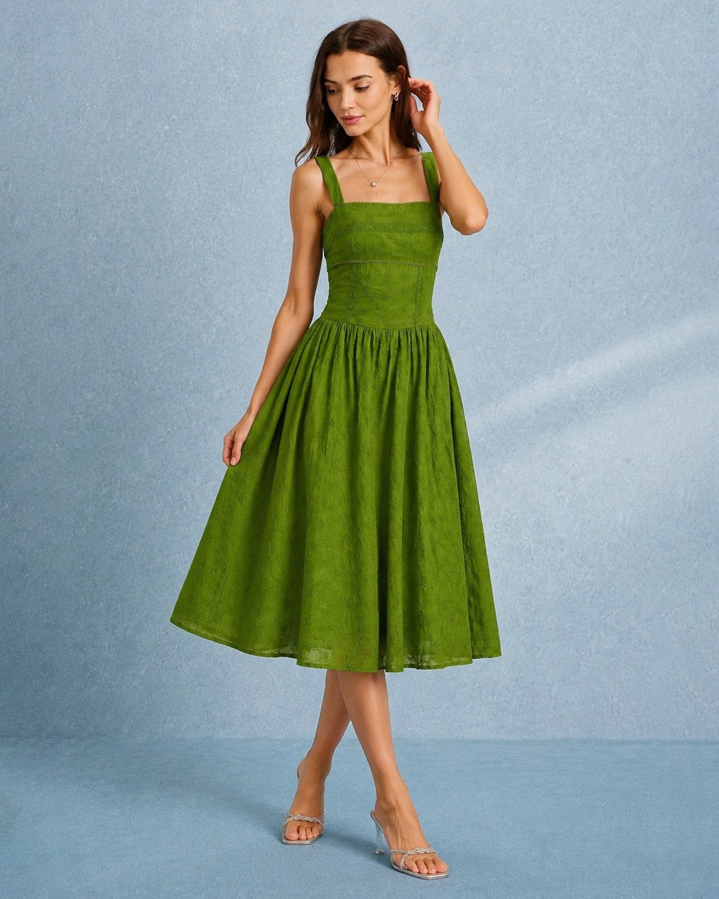 Green Square Neck Lace Slip Midi Dress