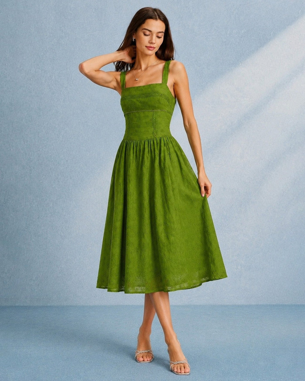 Green Square Neck Lace Slip Midi Dress