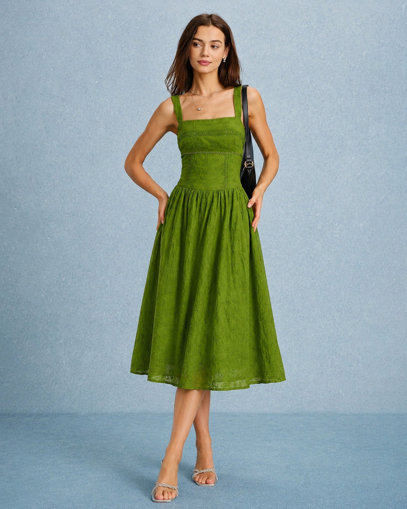 Green Square Neck Lace Slip Midi Dress