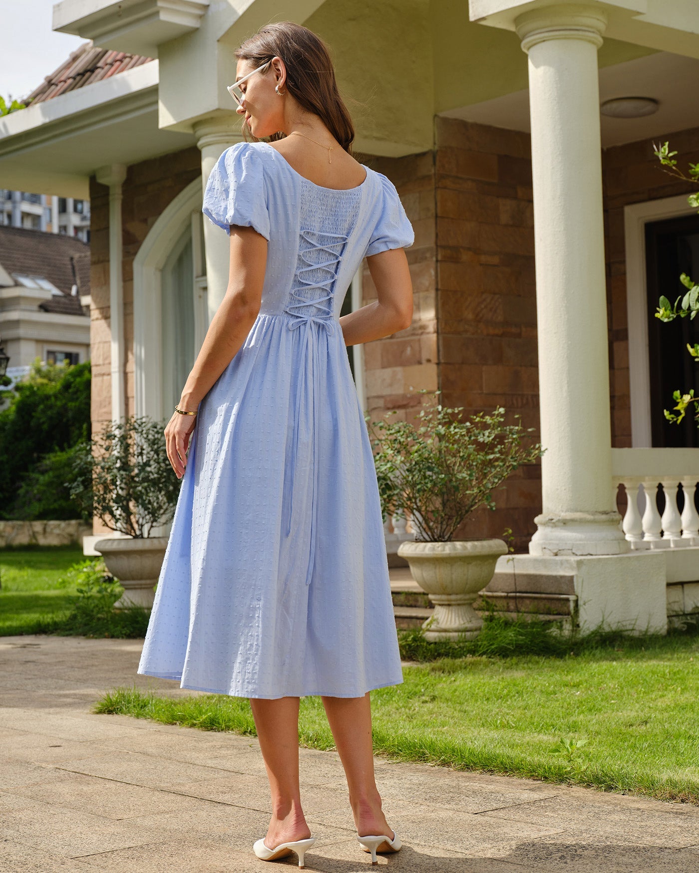 Blue Square Neck Puffed Sleeve Tie Midi Dress