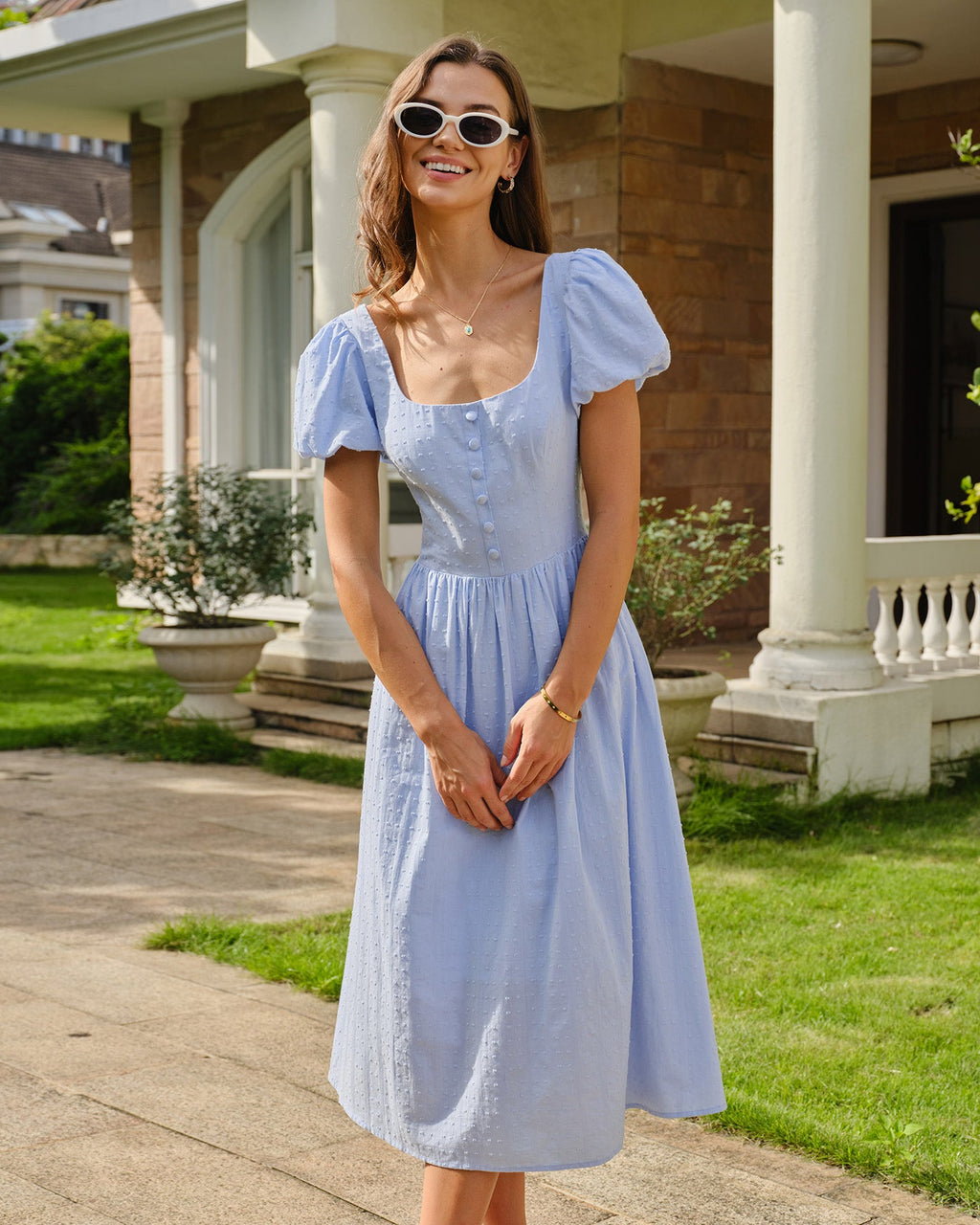 Blue Square Neck Puffed Sleeve Tie Midi Dress