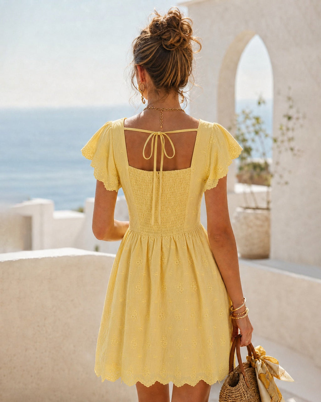 Yellow Square Neck Tie Button Mini Dress