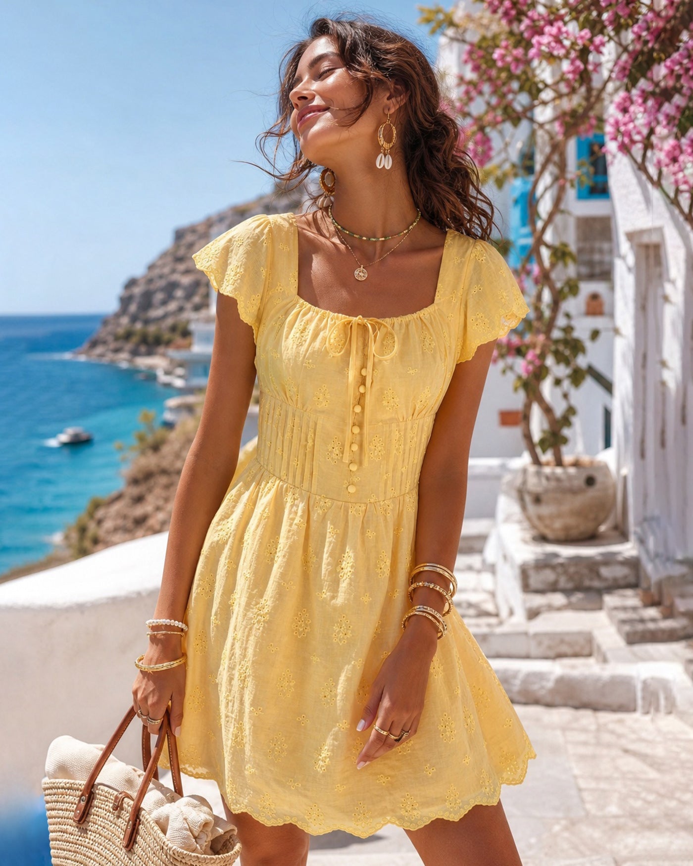 Yellow Square Neck Tie Button Mini Dress