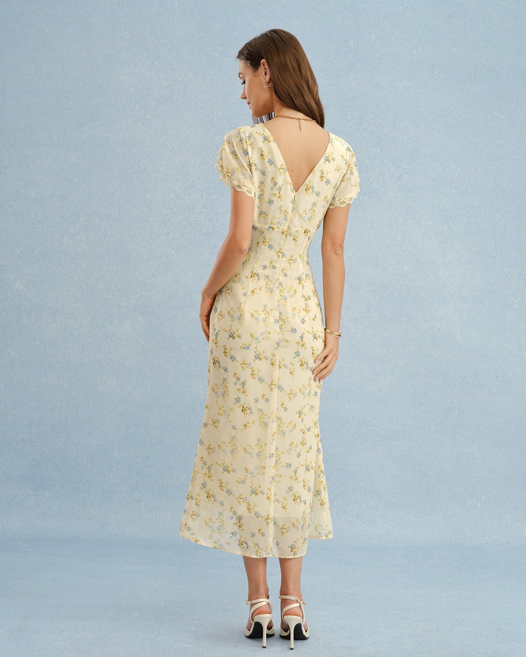 Yellow V Neck Lace Floral Maxi Dress