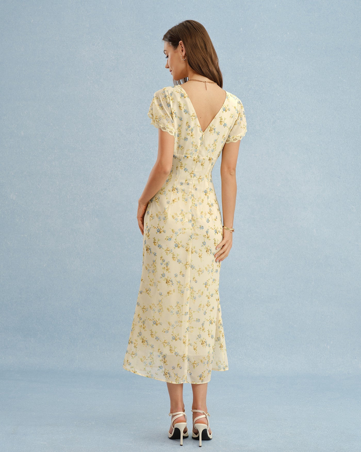 Yellow V Neck Lace Floral Maxi Dress