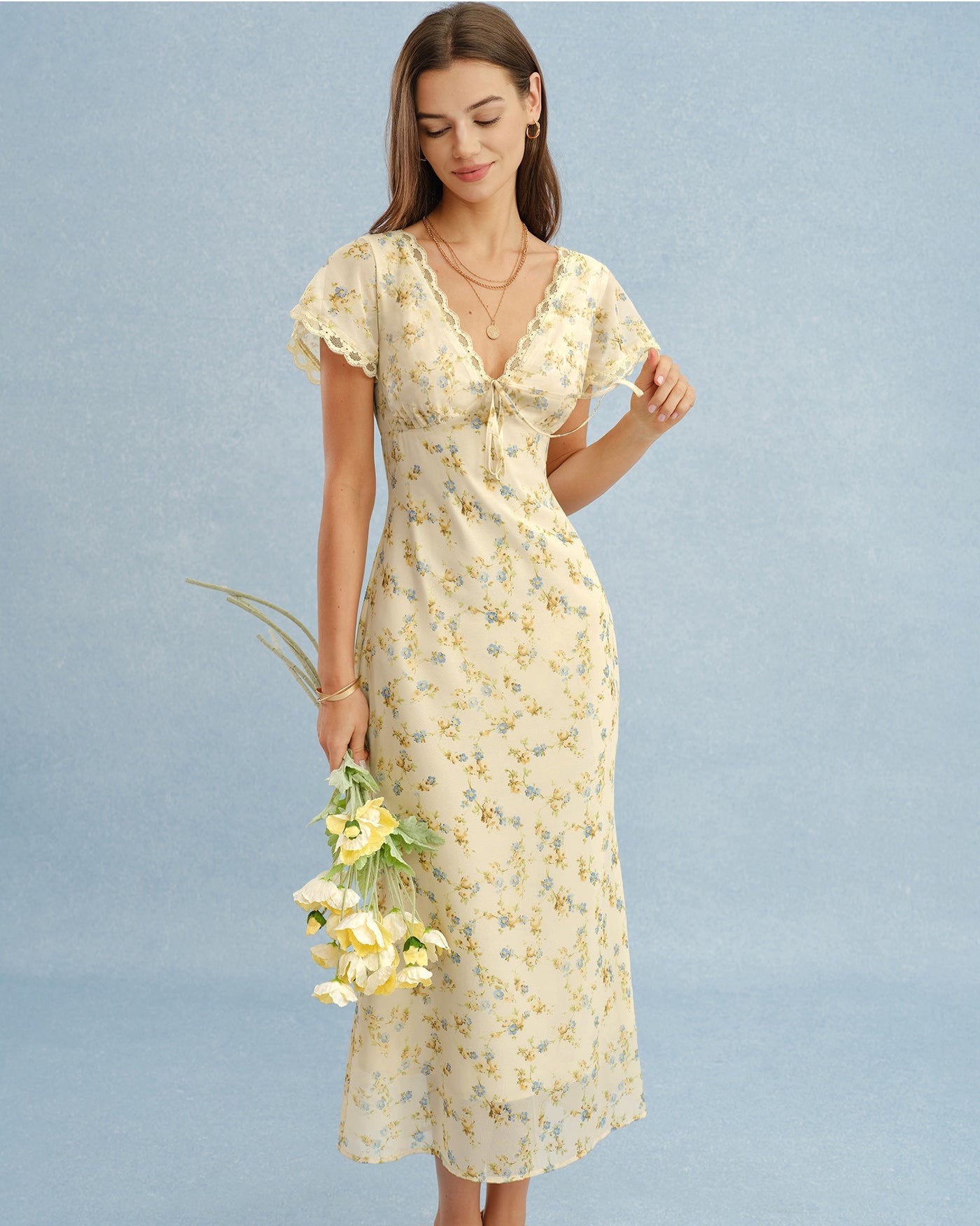 Yellow V Neck Lace Floral Maxi Dress