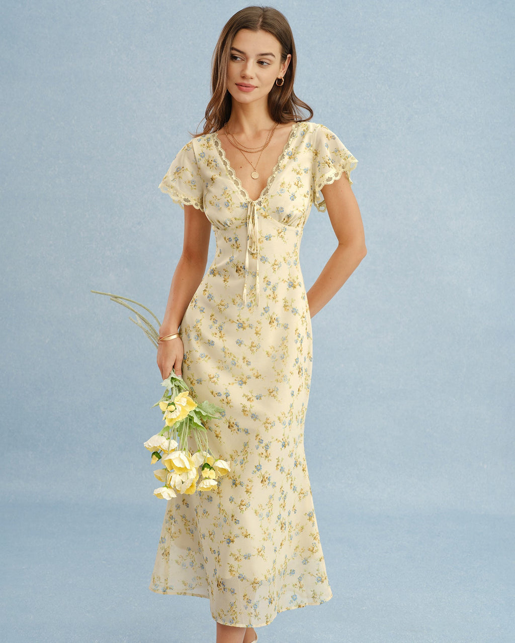 Yellow V Neck Lace Floral Maxi Dress