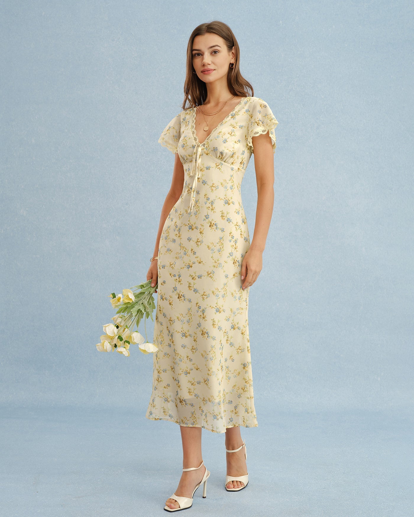 Yellow V Neck Lace Floral Maxi Dress