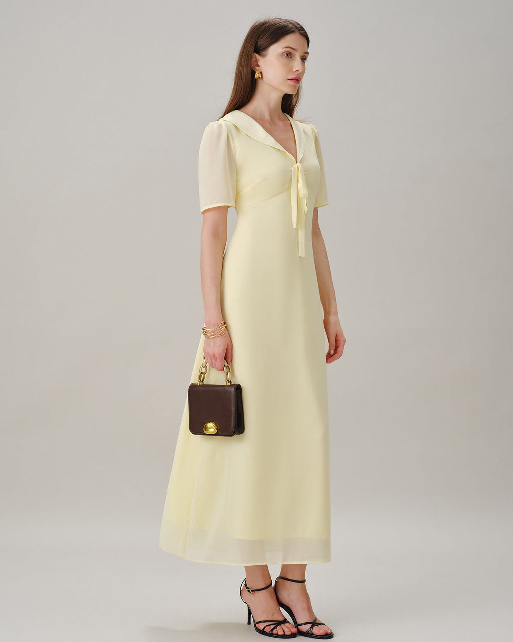 Yellow V Neck Tie Tunic Maxi Dress