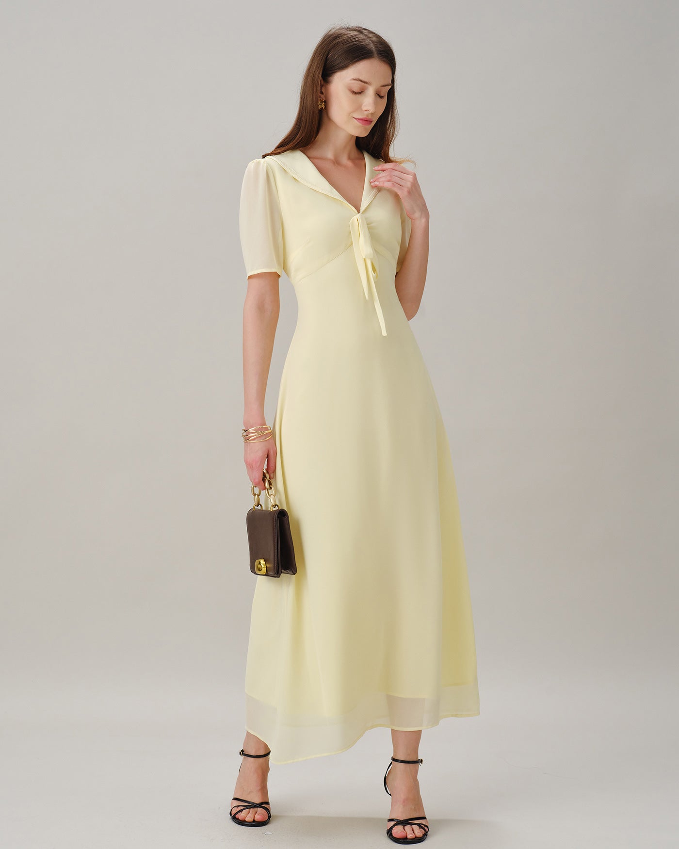 Yellow V Neck Tie Tunic Maxi Dress