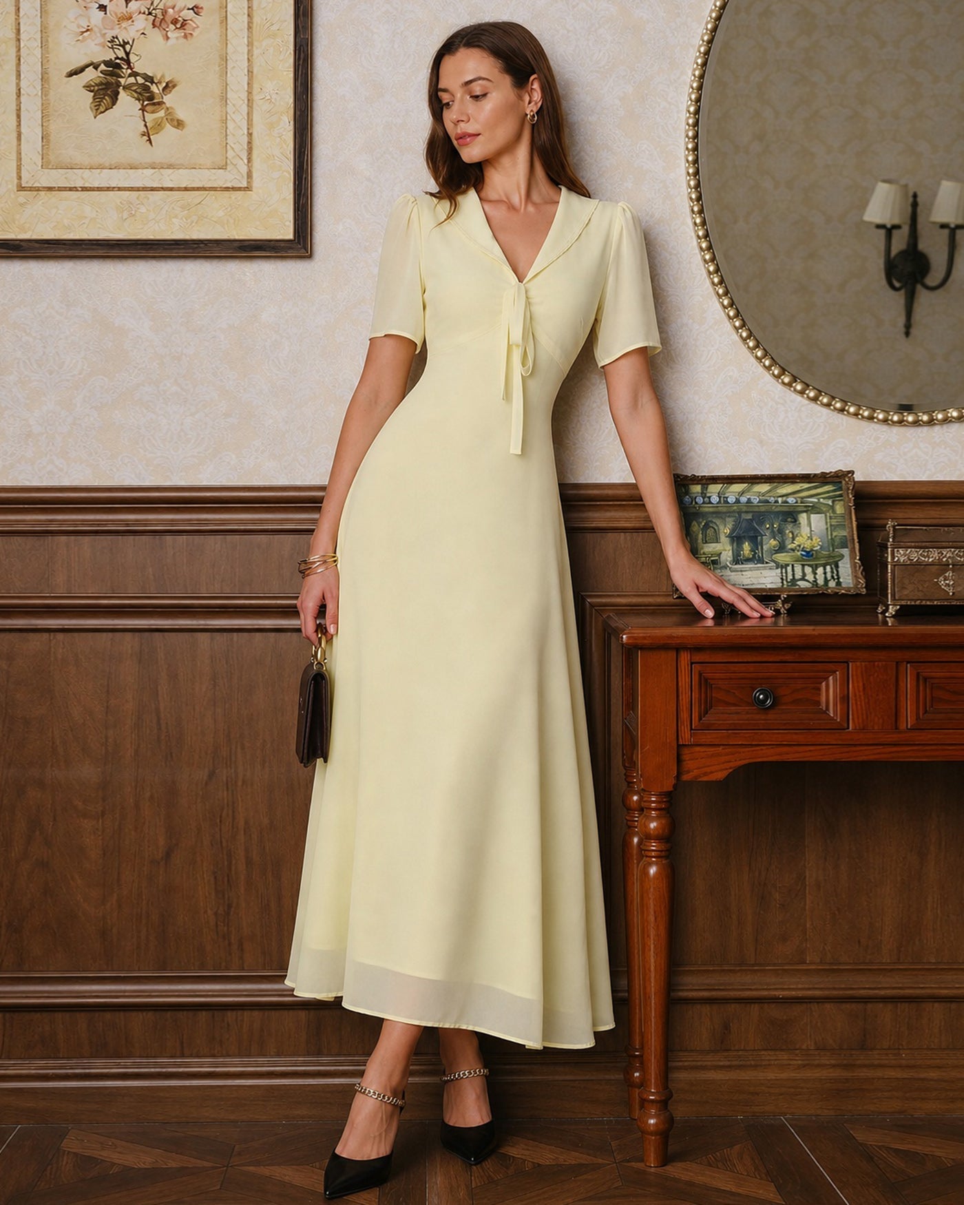 Yellow V Neck Tie Tunic Maxi Dress