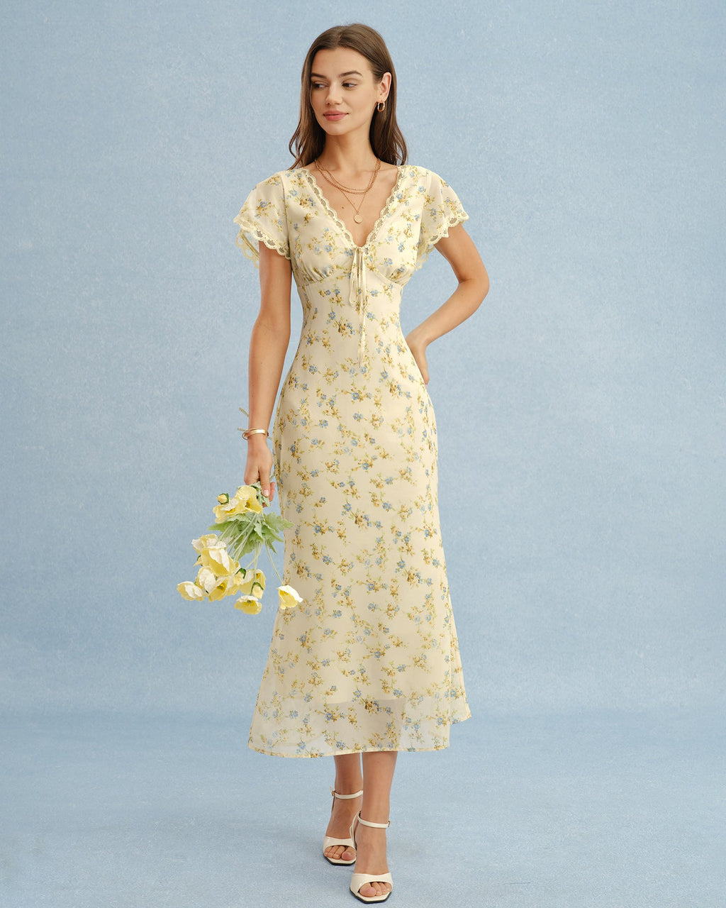 Yellow V Neck Lace Floral Maxi Dress