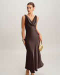 Coffee Cowl Neck Satin Maxi Dress