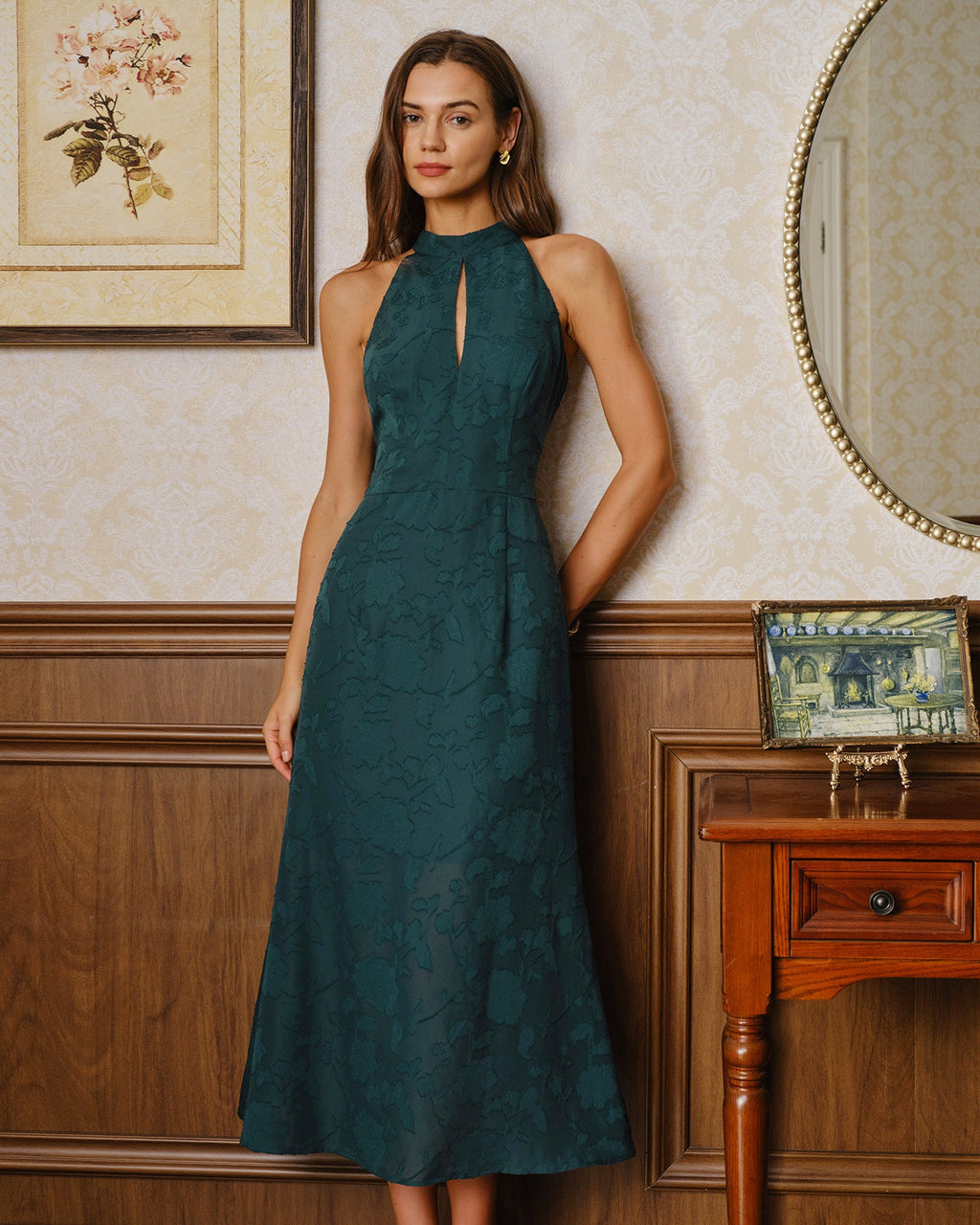 Green Mock Neck Sleeveless Jacquard Maxi Dress