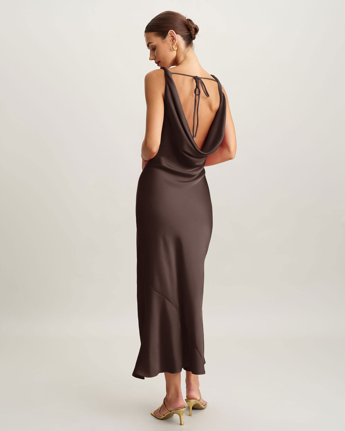 Coffee Cowl Neck Satin Maxi Dress