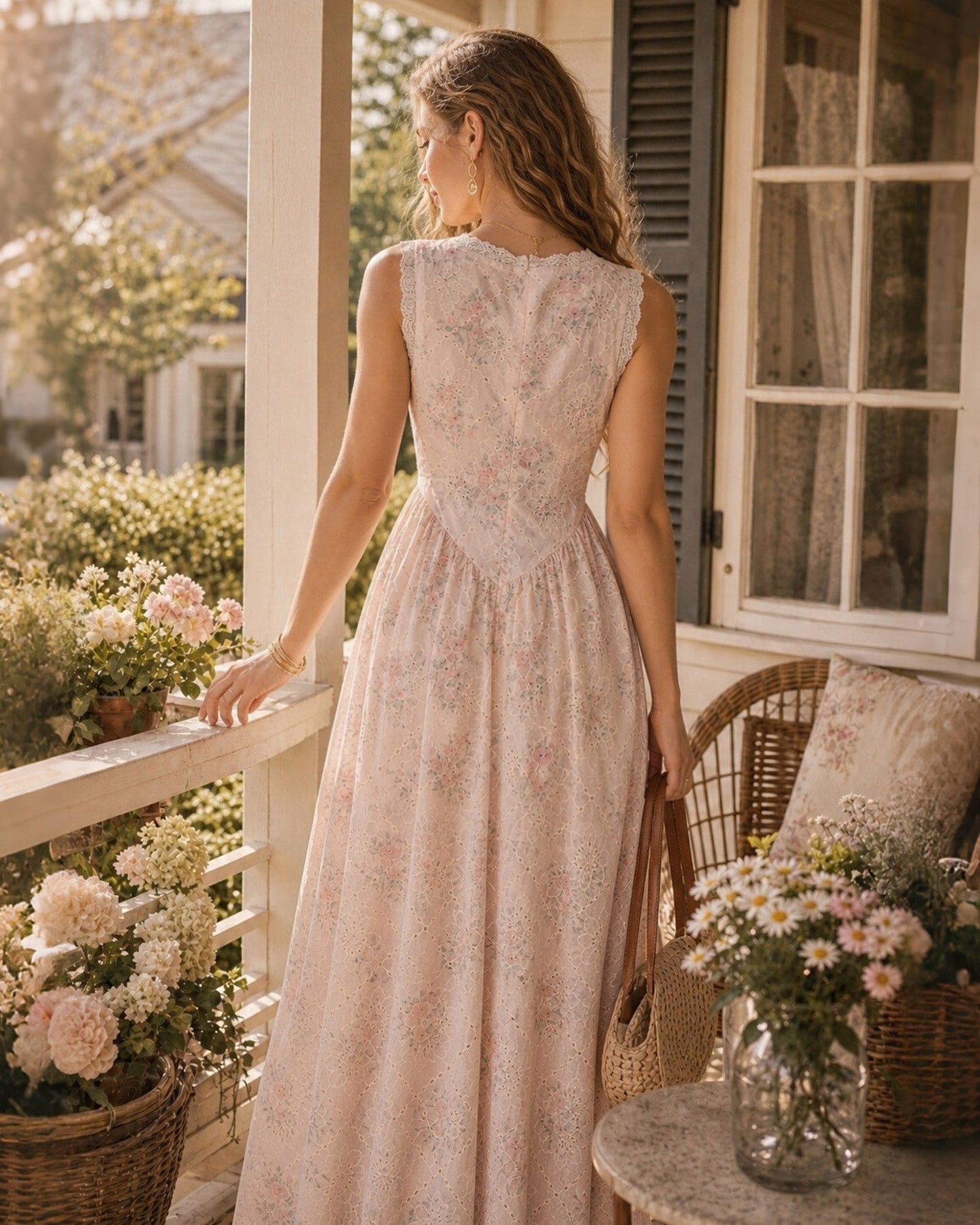 Pink V Neck Sleeveless Lace Floral Maxi Dress