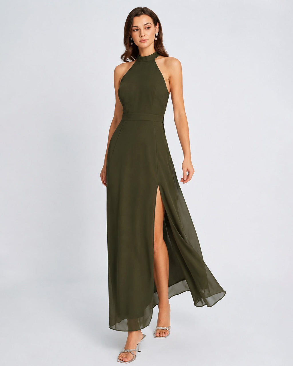 Green Mock Neck Slit Chiffon Maxi Dress