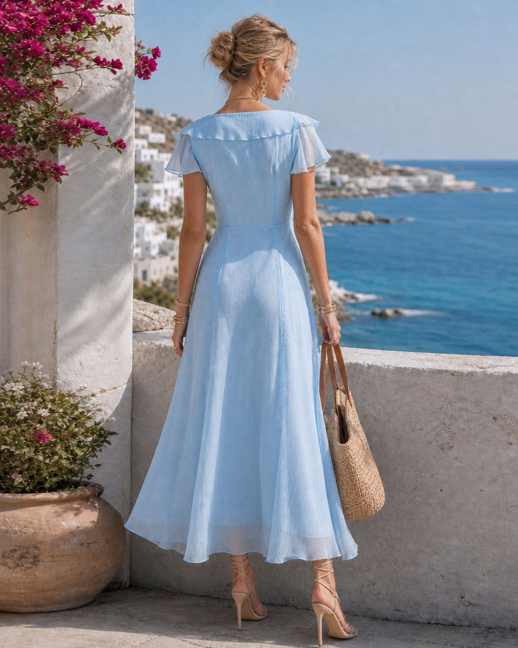Blue V Neck Ruffle Chiffon Maxi Dress