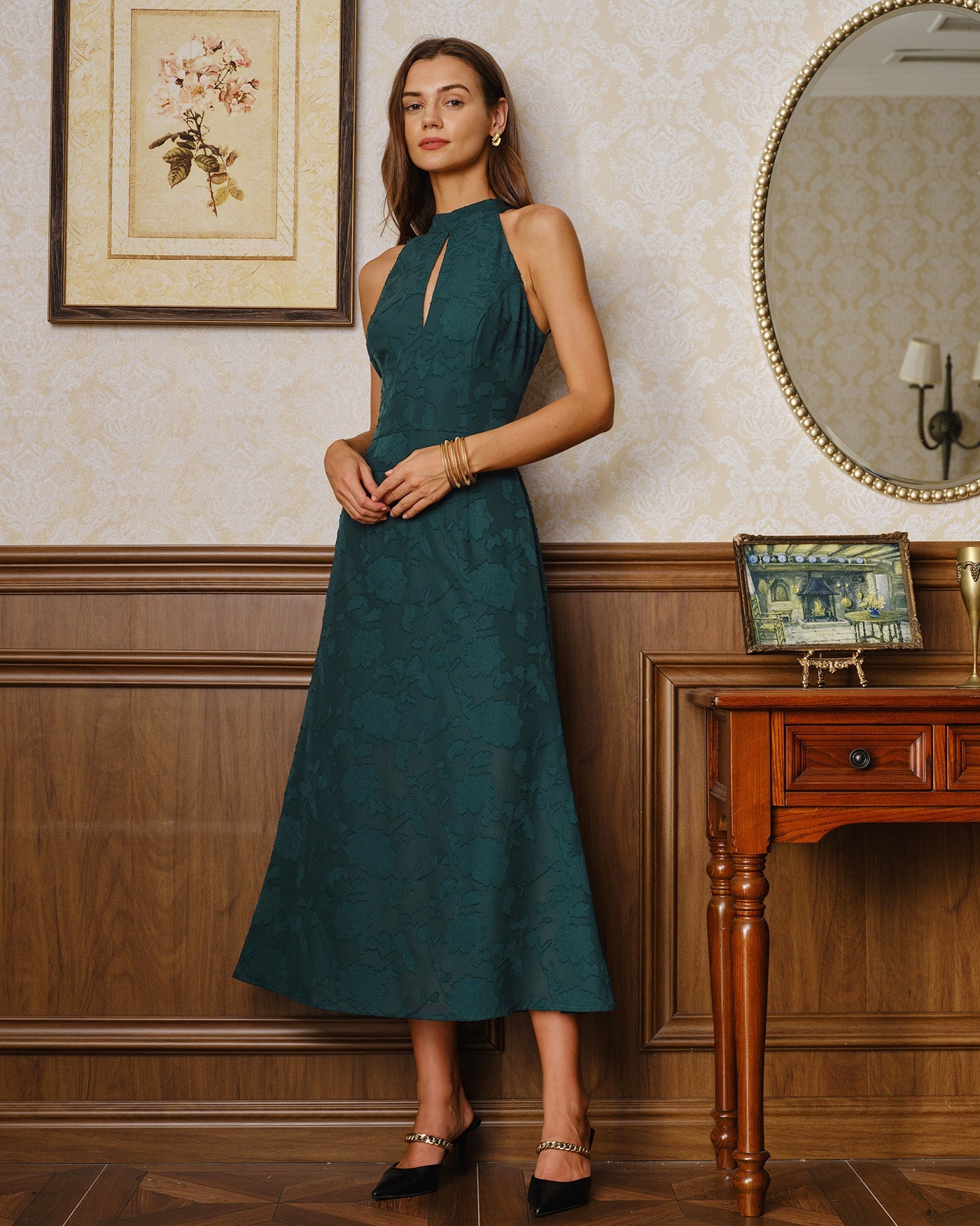 Green Mock Neck Sleeveless Jacquard Maxi Dress