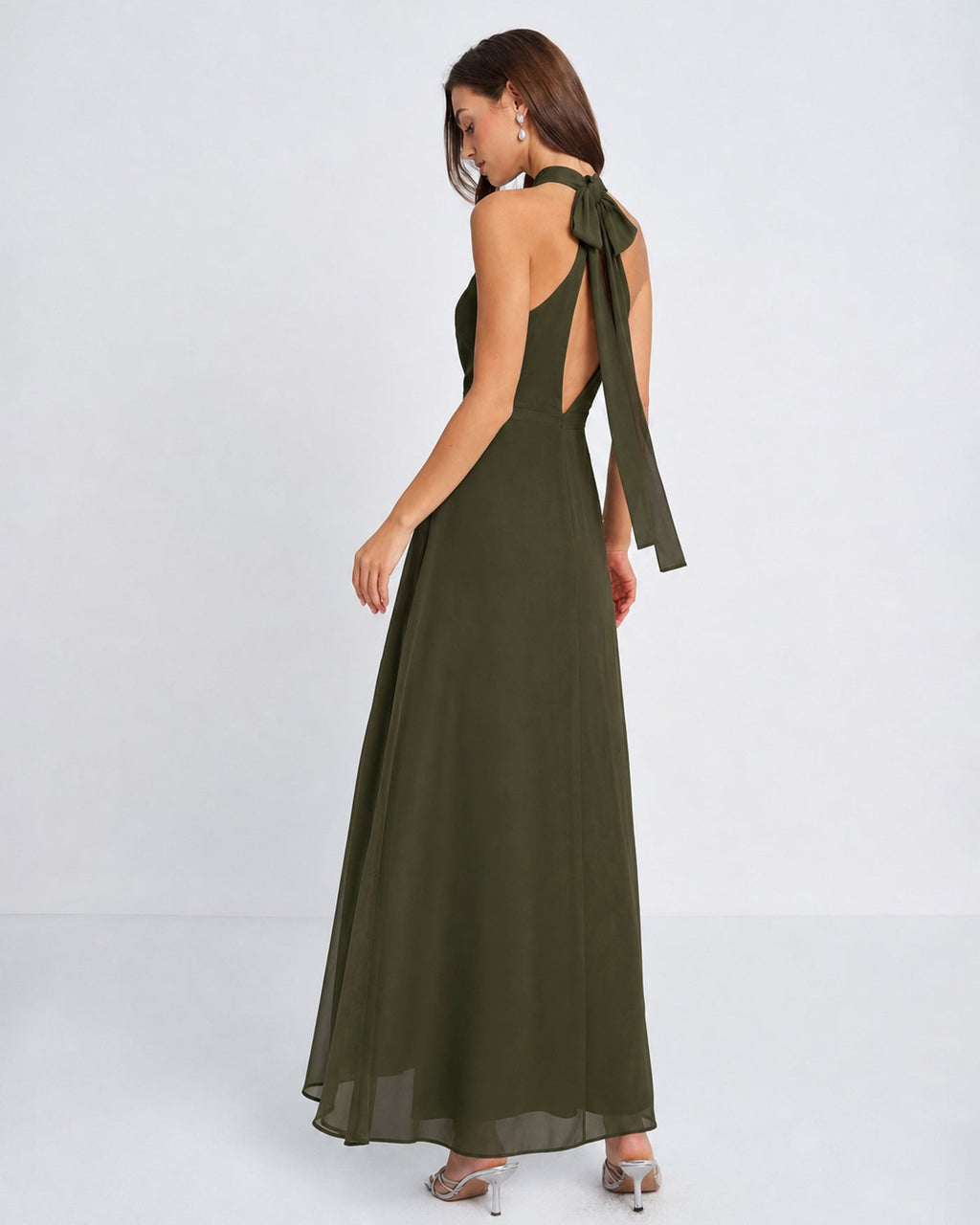 Green Mock Neck Slit Chiffon Maxi Dress