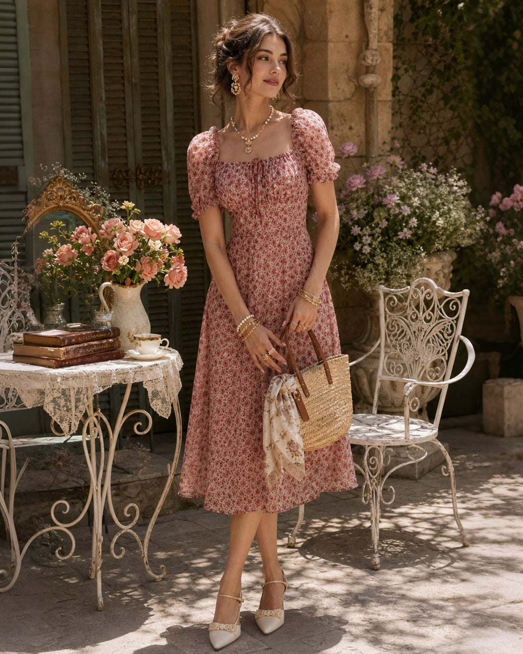 Pink Square Neck Floral Chiffon Midi Dress