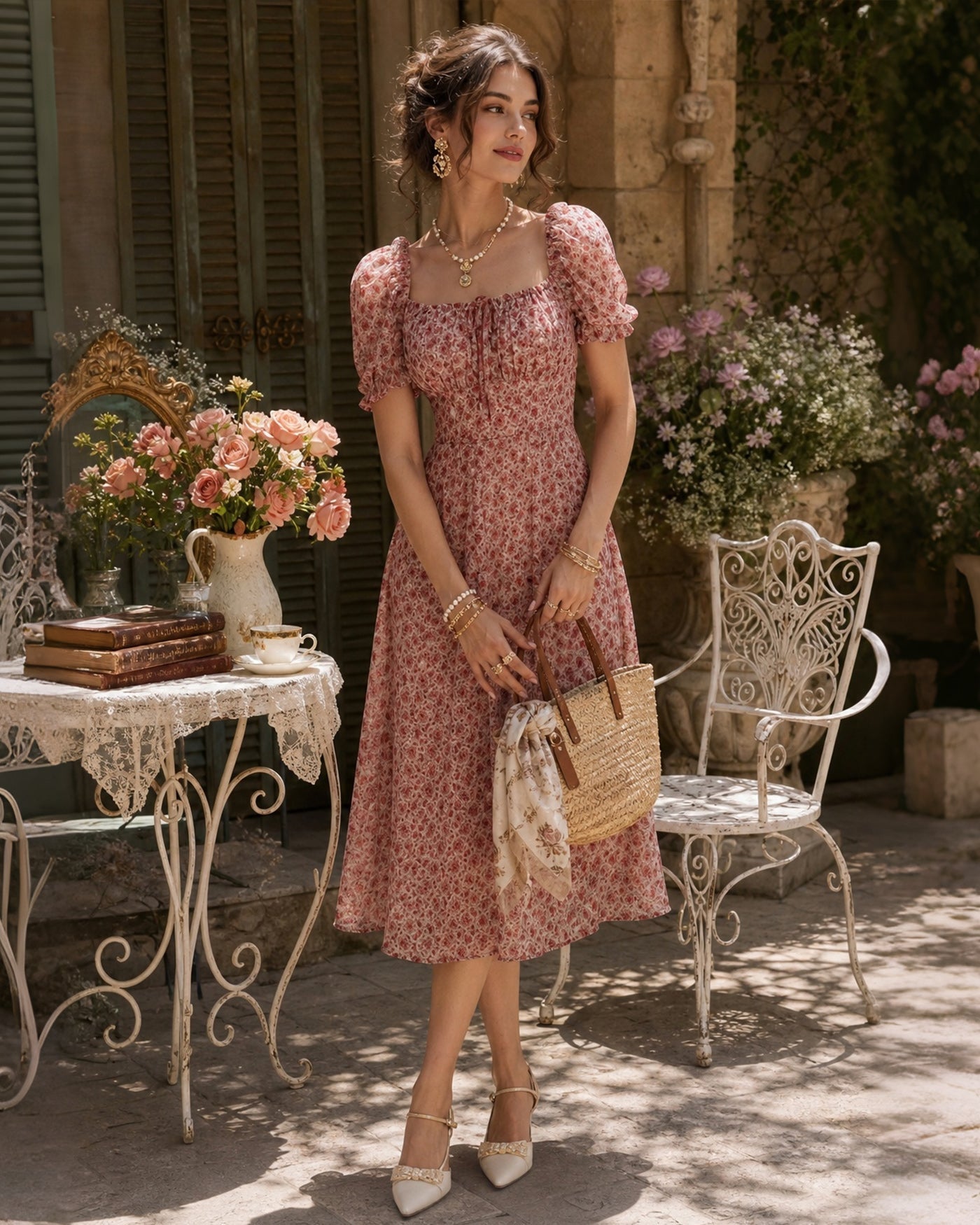 Pink Square Neck Floral Chiffon Midi Dress