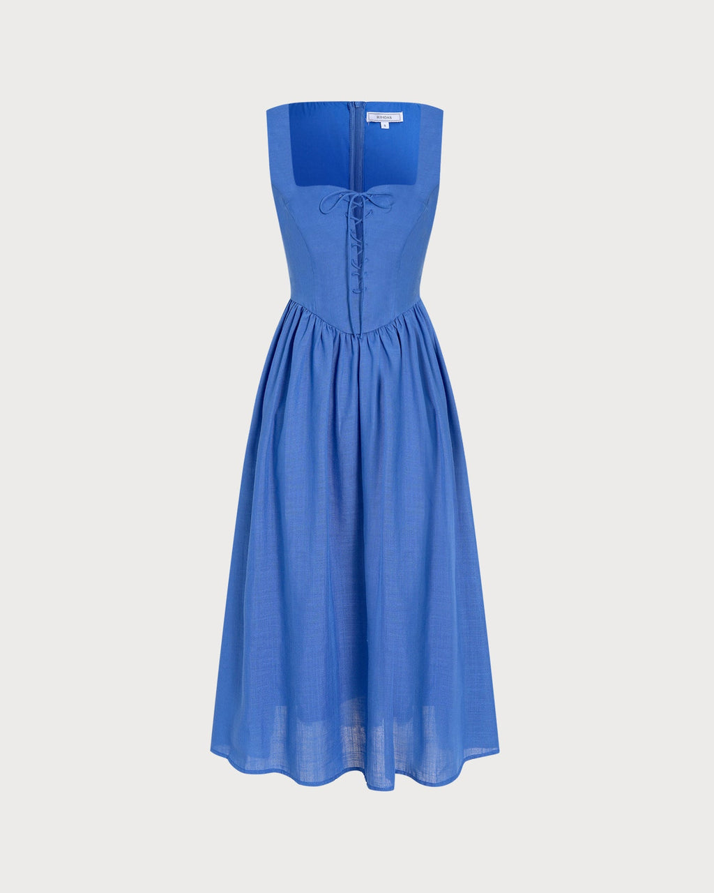 Blue Square Neck Tie Pockets Midi Dress