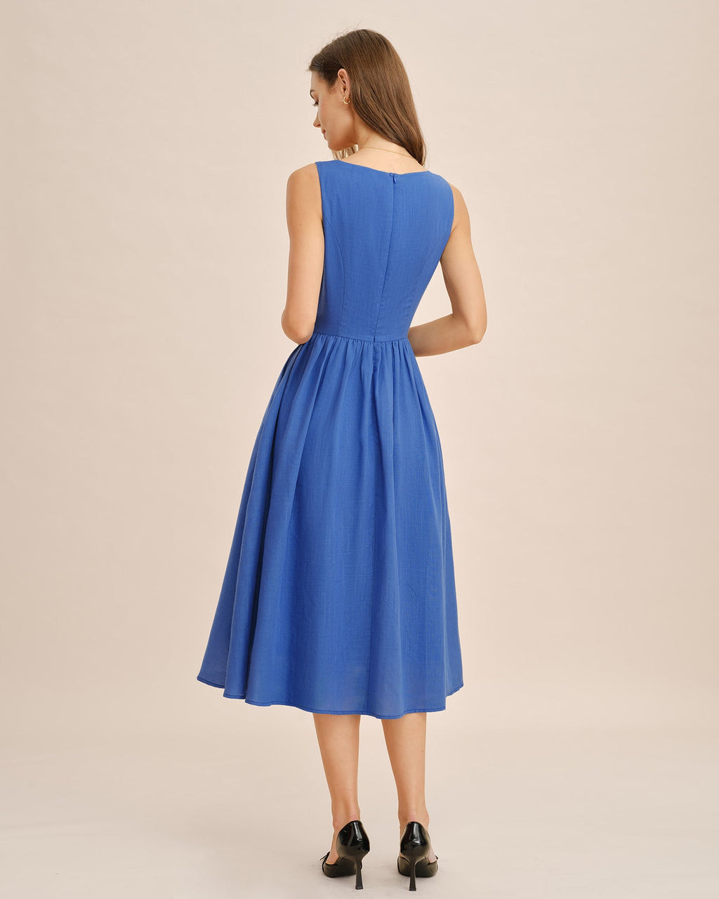 Blue Square Neck Tie Pockets Midi Dress
