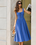 Blue Square Neck Tie Pockets Midi Dress