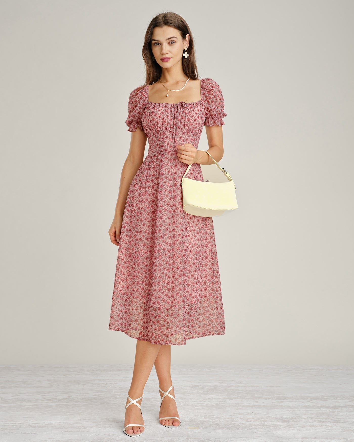 Pink Square Neck Floral Chiffon Midi Dress