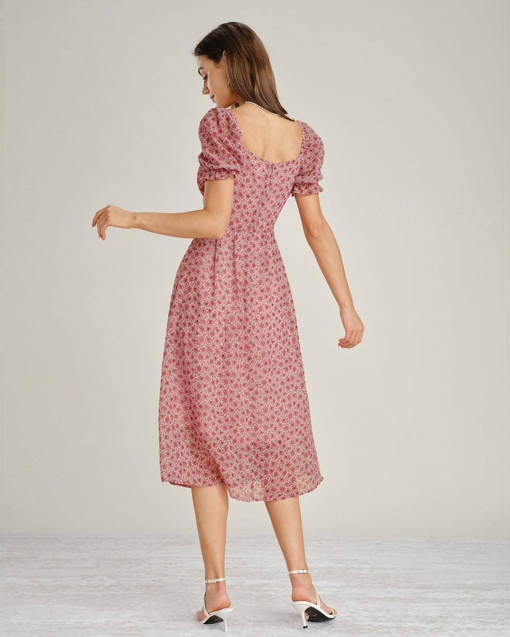 Pink Square Neck Floral Chiffon Midi Dress