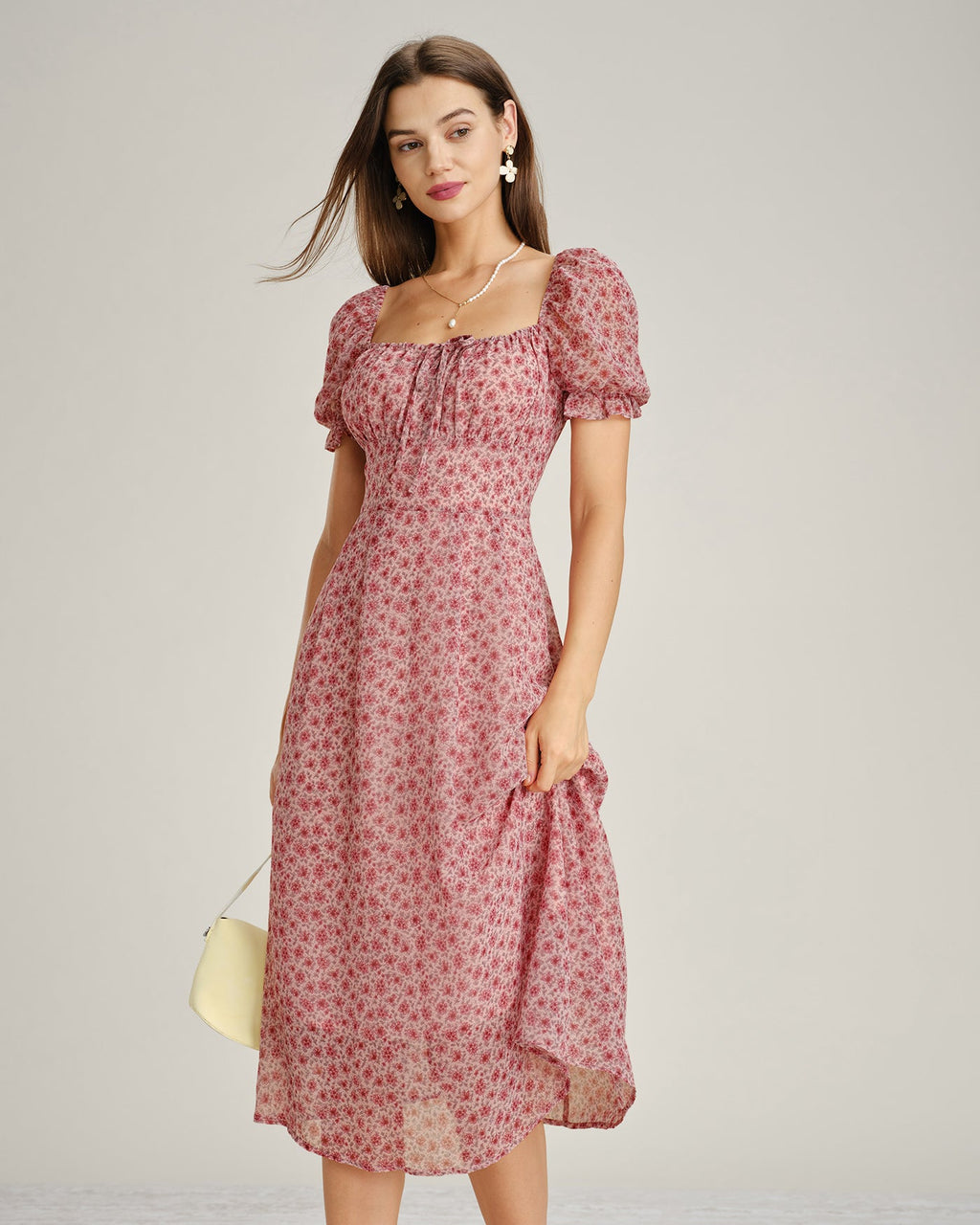 Pink Square Neck Floral Chiffon Midi Dress