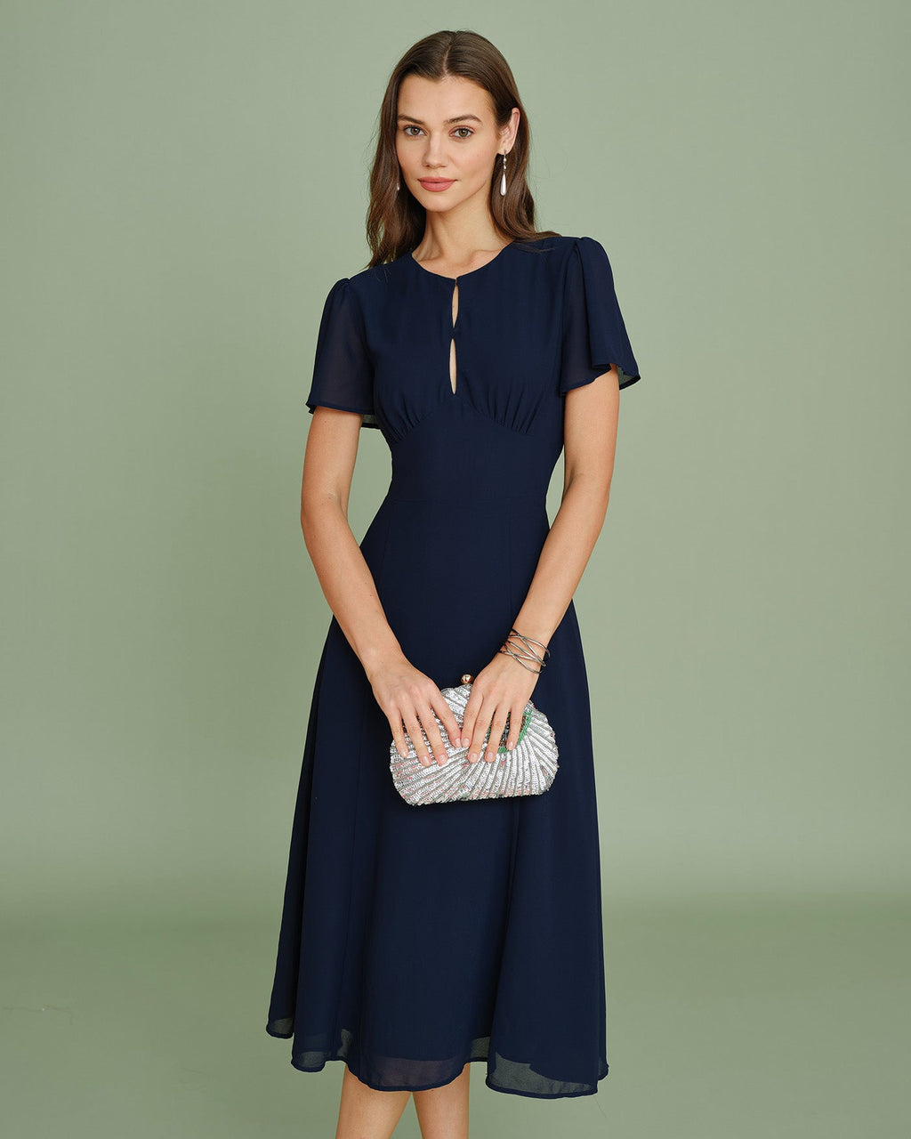 Navy Cut Out Chiffon Midi Dress